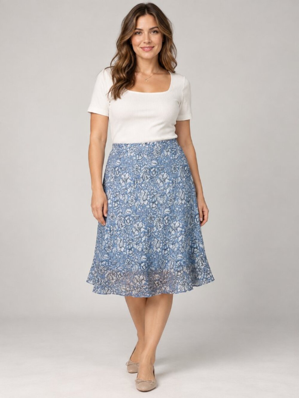 G-dresses Blue & White Floral Lace-Print A-Line Skirt Size M